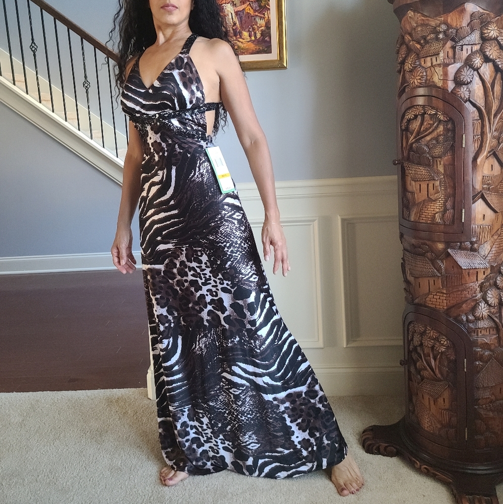 Morgan & Co Animal Print beaded Long gown